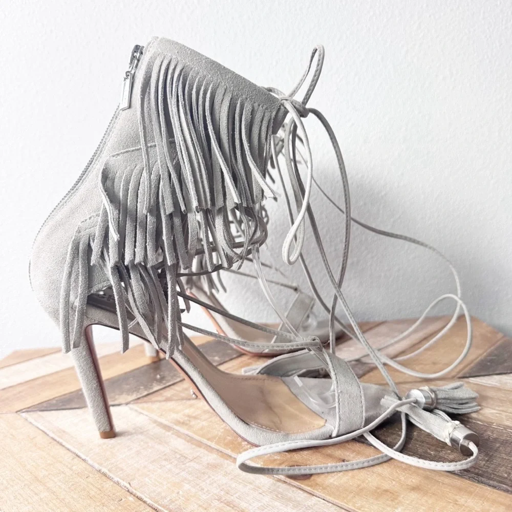 Shultz kagi Fringed Gray/Beige Lace Up Heels - Picture 6 of 16